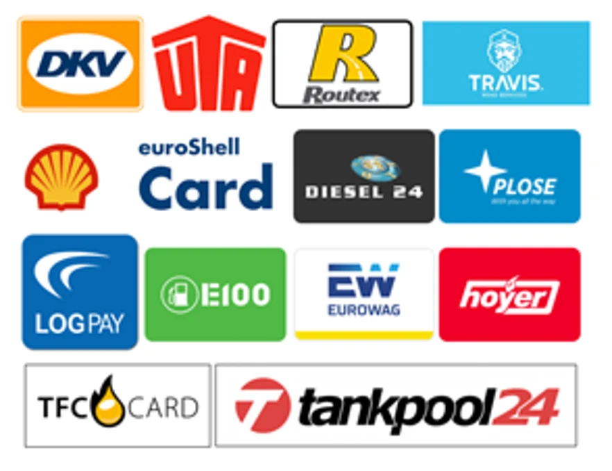 Akzeptierte Flotten- und Tankkarten: DKV, UTA, Routex, TRAVIS, euroShell Card, Diesel24, PLOSE, LOGPAY, E100, EW Eurowag, hoyer, TFC Card und tankpool24